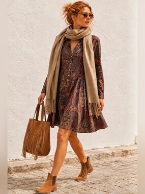 Organic Cotton Paisley Boho Shirt Dress M Coconut Button Down Handmade Brown